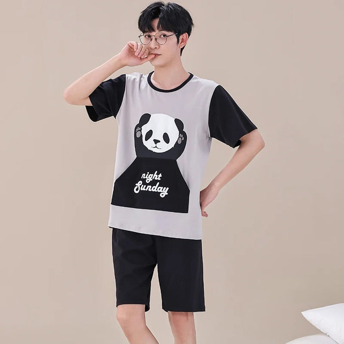 Couple Short Sleeve Casual Top And Cartoon Print Shorts