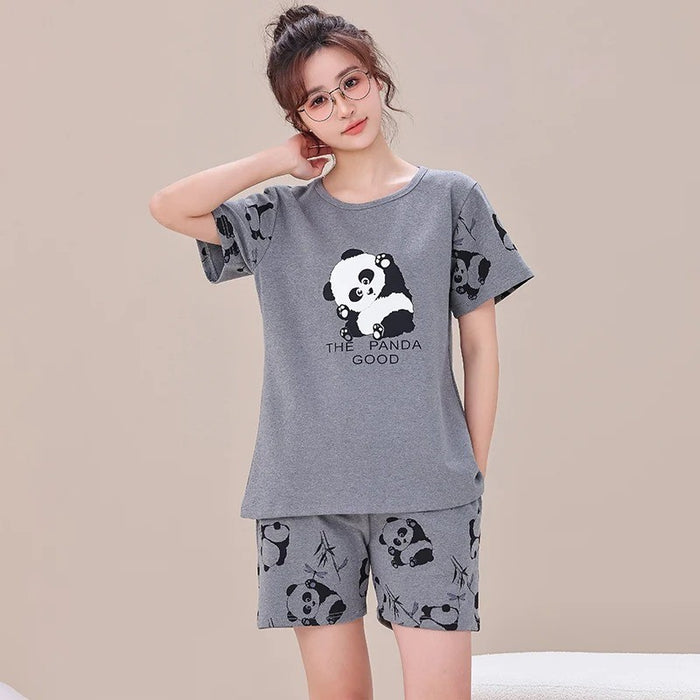 Couple Short Sleeve Casual Top And Cartoon Print Shorts