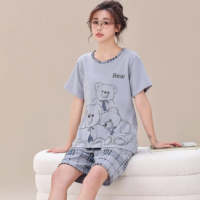 Couple Short Sleeve Casual Top And Cartoon Print Shorts