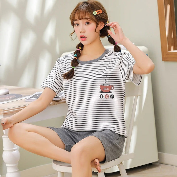 Couple Short Sleeve Casual Top And Cartoon Print Shorts