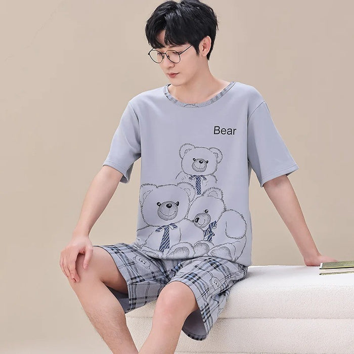 Couple Short Sleeve Casual Top And Cartoon Print Shorts