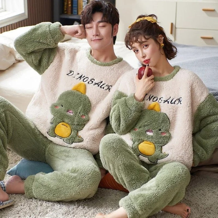 Soft And Warm Cartoon Dinosaur Couple Pajama Set