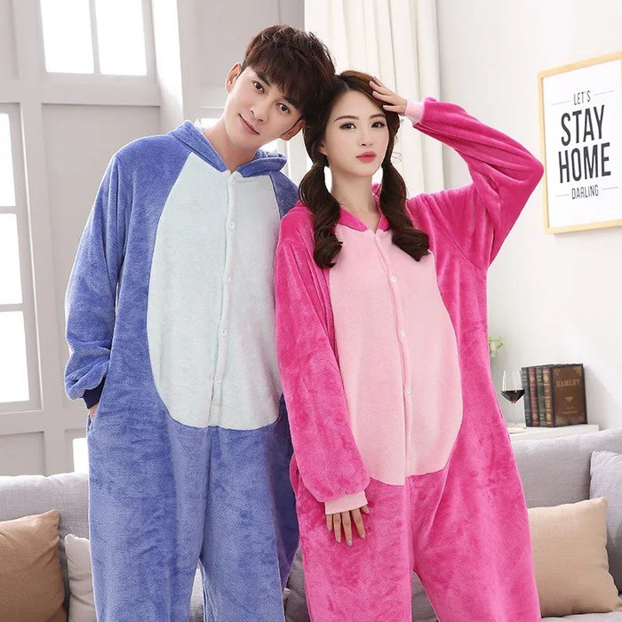 Spring And Fall Long Sleeved Cartoon One Piece Flannel Couple Pajamas