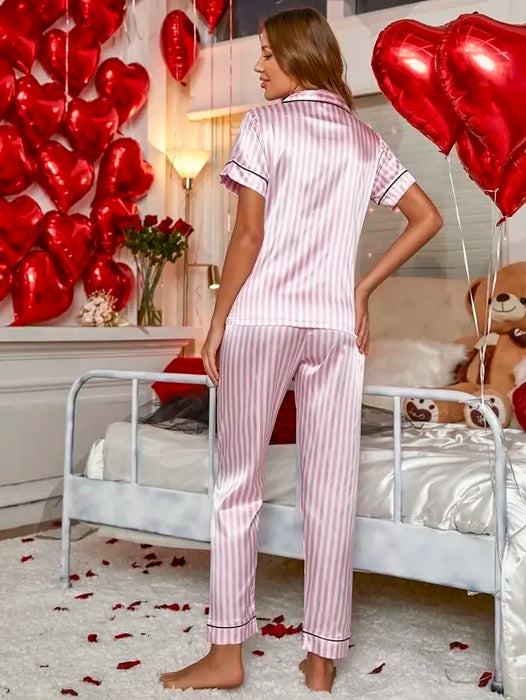 Striped Print Contrast Elegant Pajama Set