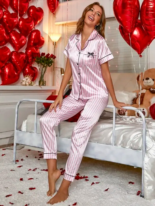 Striped Print Contrast Elegant Pajama Set