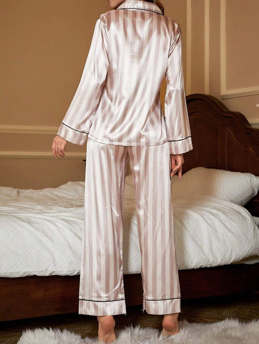 Striped Contrast Piping Satin Pajama Set