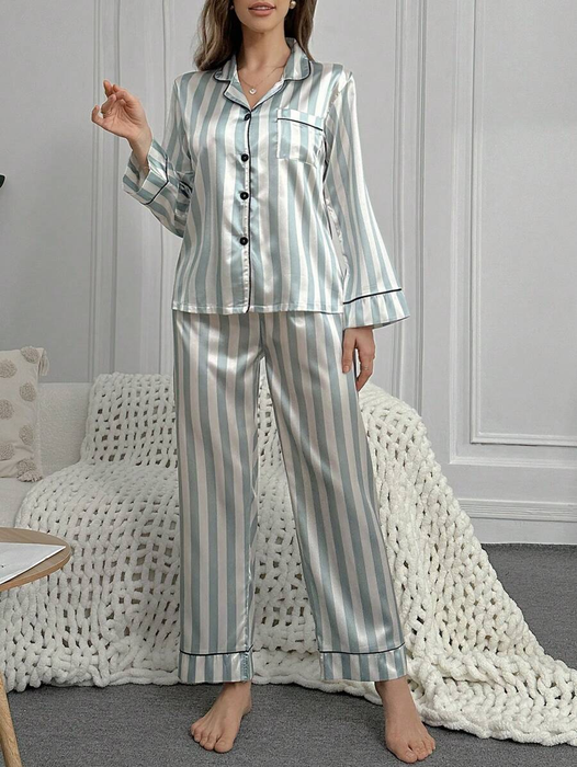 Striped Contrast Piping Satin Pajama Set