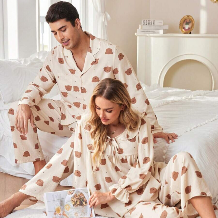 Two Pieces Polka Dot Bear Print Couple Pajama Set