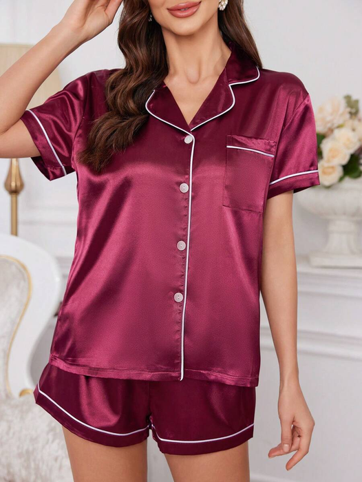 Satin Pajama Set With Contrast Trim