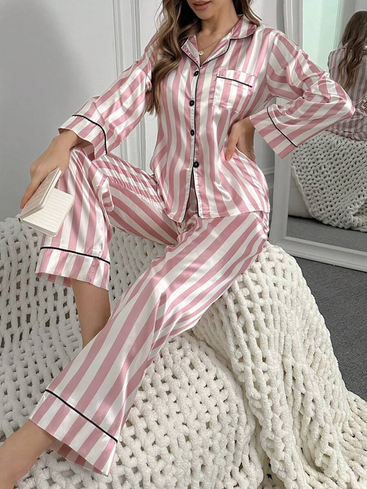 Striped Contrast Piping Satin Pajama Set