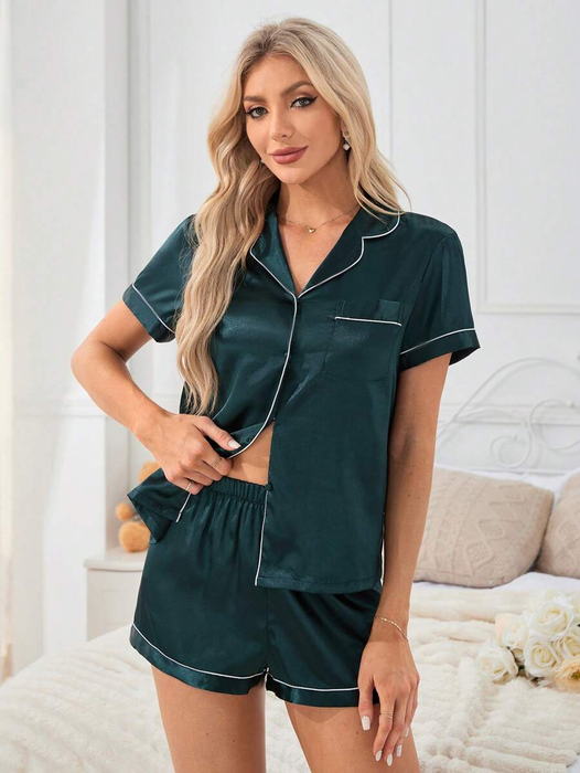 Satin Pajama Set With Contrast Trim