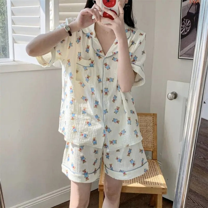 Cartoon Printed Short Sleeve Couple Pajama Set