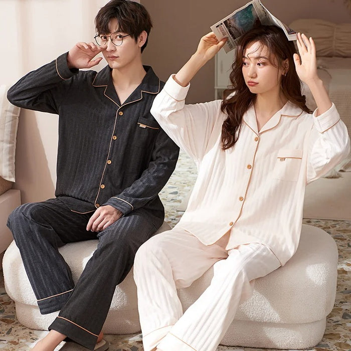 Couple Cozy Long Sleeve Button Up Top And Striped Pajamas