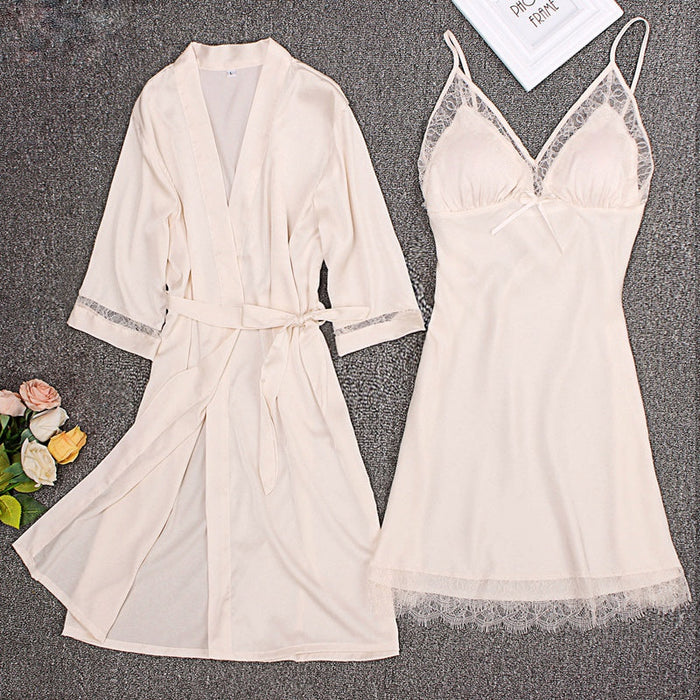 Silk Nightgown Women 2 Pieces Lace Camisole Robe Dress