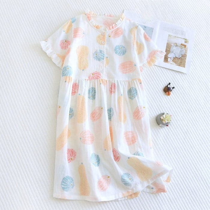 Printed Cotton Gauze Short Sleeve Nightgown