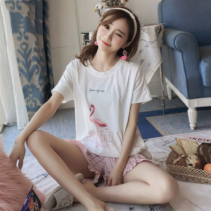 Round Neck Cartoon Print Top And Bow Front Shorts Pajama Set