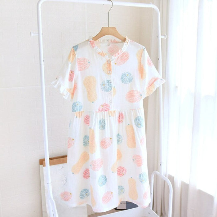 Printed Cotton Gauze Short Sleeve Nightgown