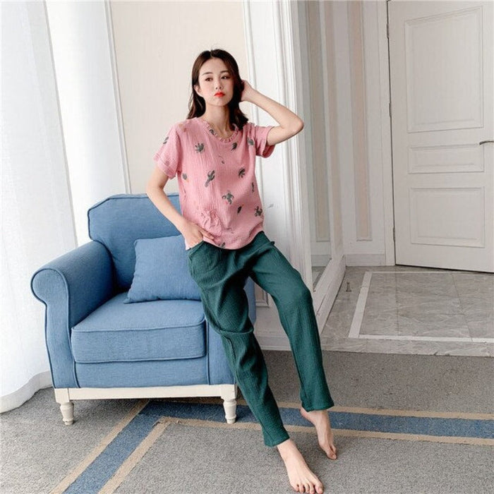 Ladies Cotton Crepe Short-Sleeved Trousers