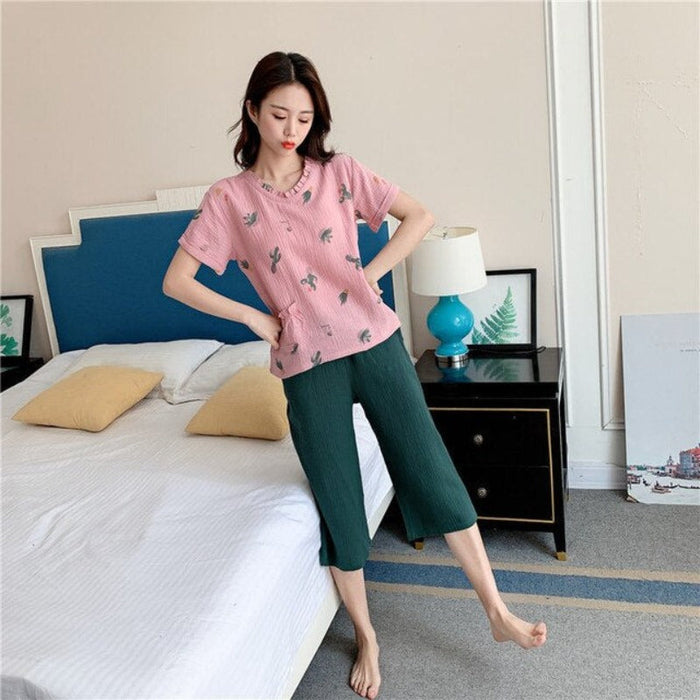 Ladies Cotton Crepe Short-Sleeved Trousers