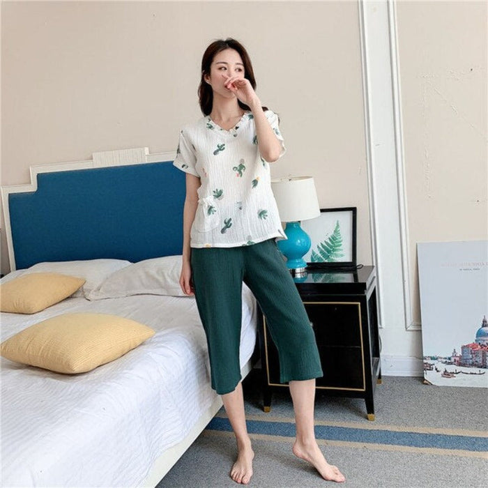 Ladies Cotton Crepe Short-Sleeved Trousers