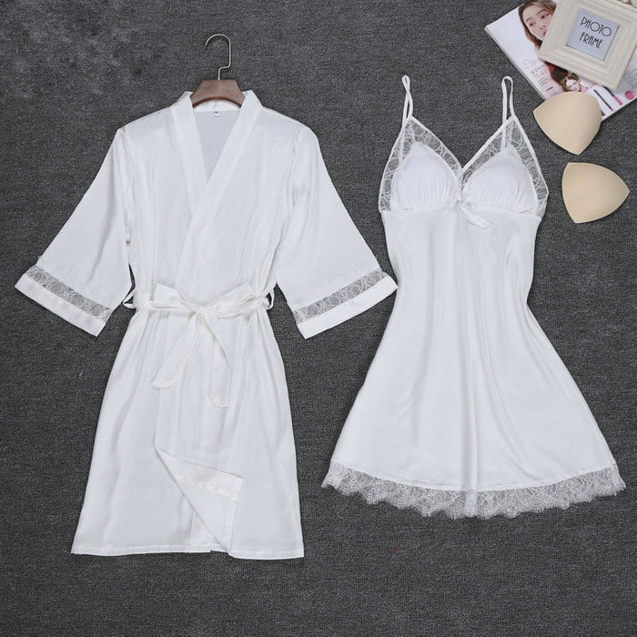 Silk Nightgown Women 2 Pieces Lace Camisole Robe Dress — My Comfy Pajama