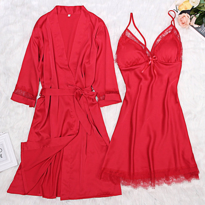 Silk Nightgown Women 2 Pieces Lace Camisole Robe Dress