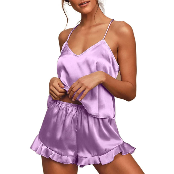 Women's Pajamas Sets Silk Satin Ruffled