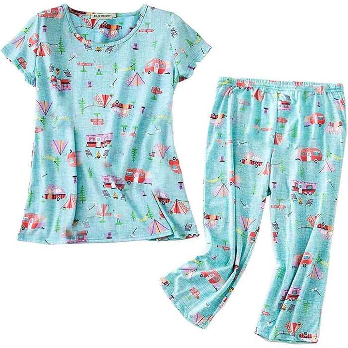 Sleepwear Tops With Capri Pants Set