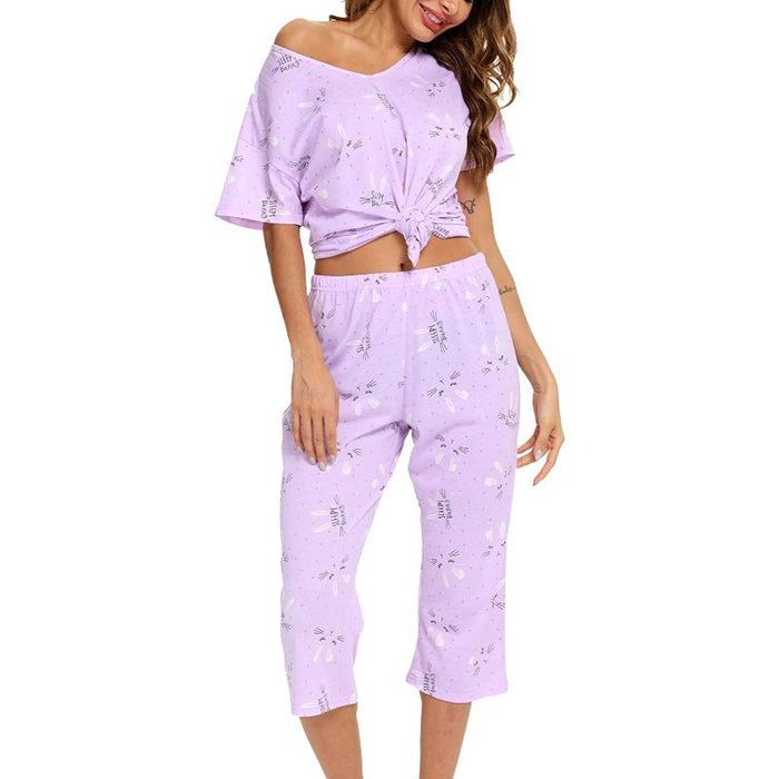 Sleepwear Tops With Capri Pants Set