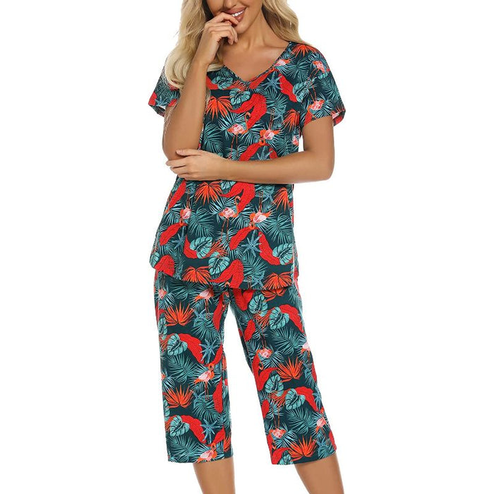 Sleepwear Tops With Capri Pants Set