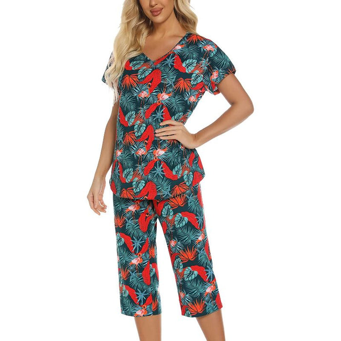 Sleepwear Tops With Capri Pants Set