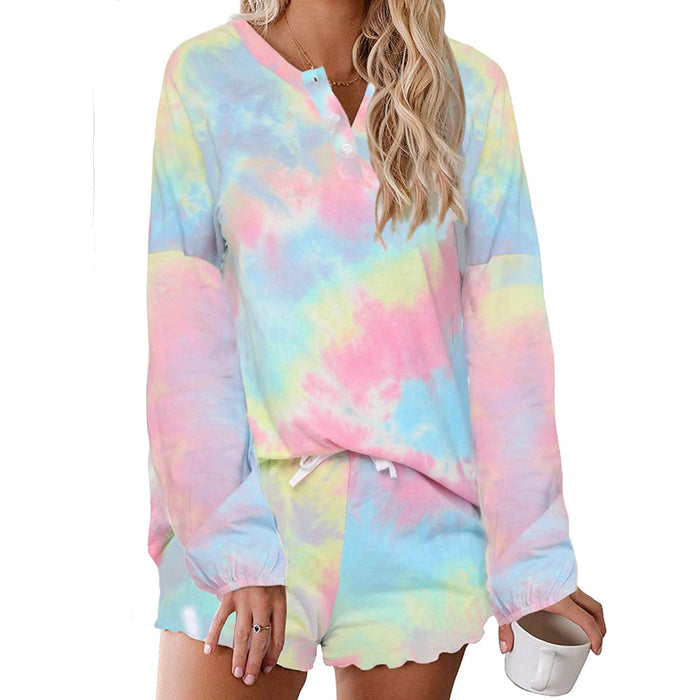 Tie Dye Long Sleeves Pajamas And Short Set For Women