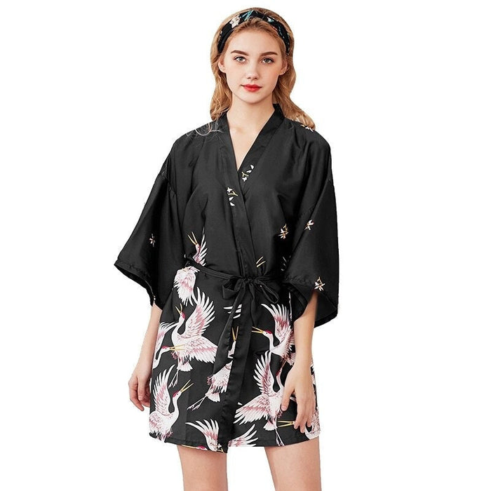 Women Crane Print Sleepwear Bathroom Spa Robe