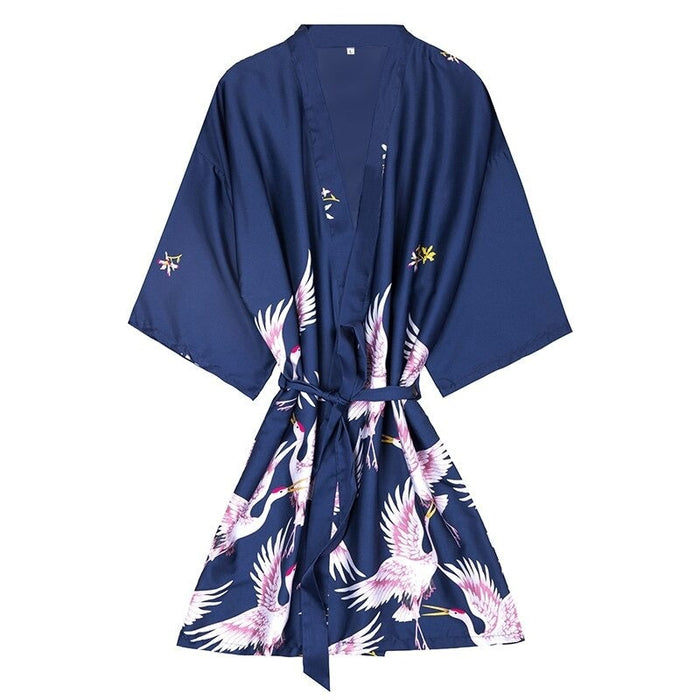 Women Crane Print Sleepwear Bathroom Spa Robe