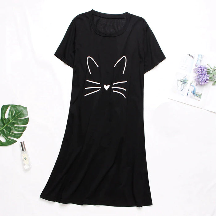 Women Summer Short Sleeve Casual Cartoon Long T-Shirt