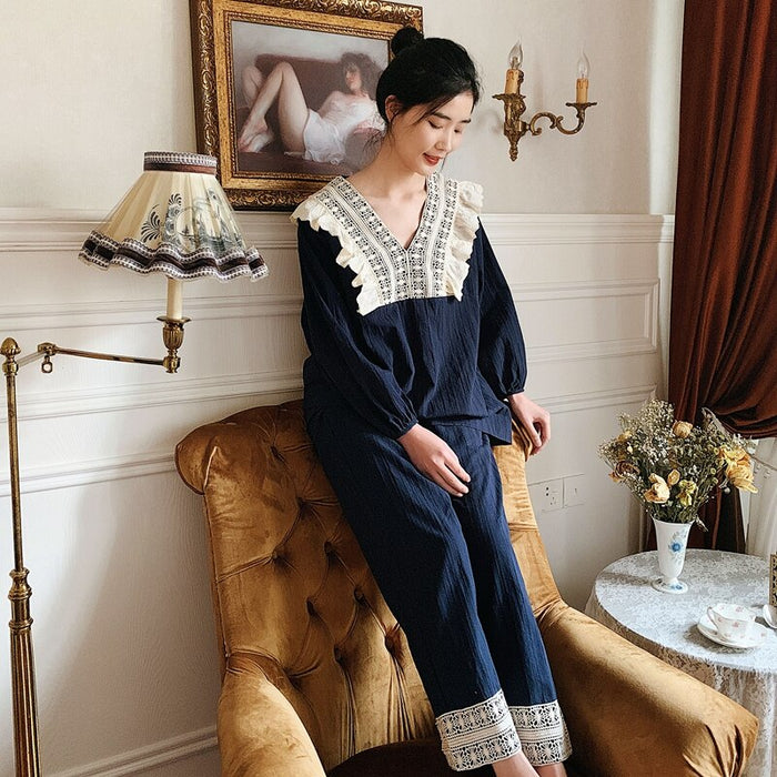 Winter Women Lace Pyjamas Soft Cotton Vintage Style