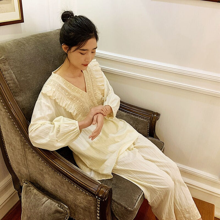 Winter Women Lace Pyjamas Soft Cotton Vintage Style