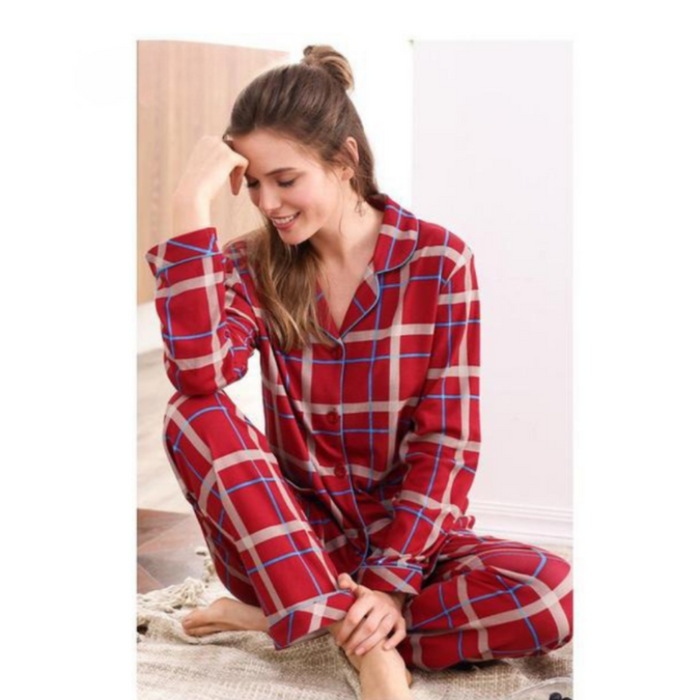 Winter Couple Pajamas Cotton Long-Sleeved Plaid Lapel