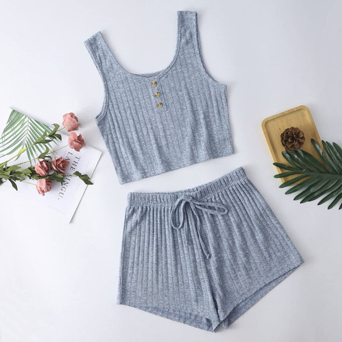 Women's Sleeveless Button Crop Shorts And Tank Tops