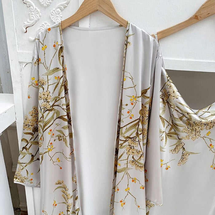Four Pieces Pajamas Set Floral Print Kimono Bathrobe Gown