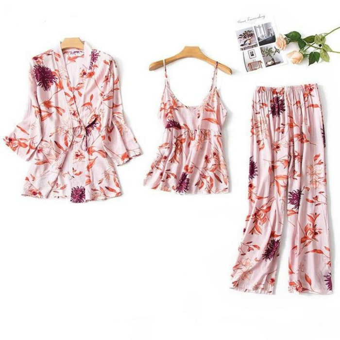 Flower Print Kimono Bathrobe Gown Sleepwear 3 Piece Pajama Set With Robe