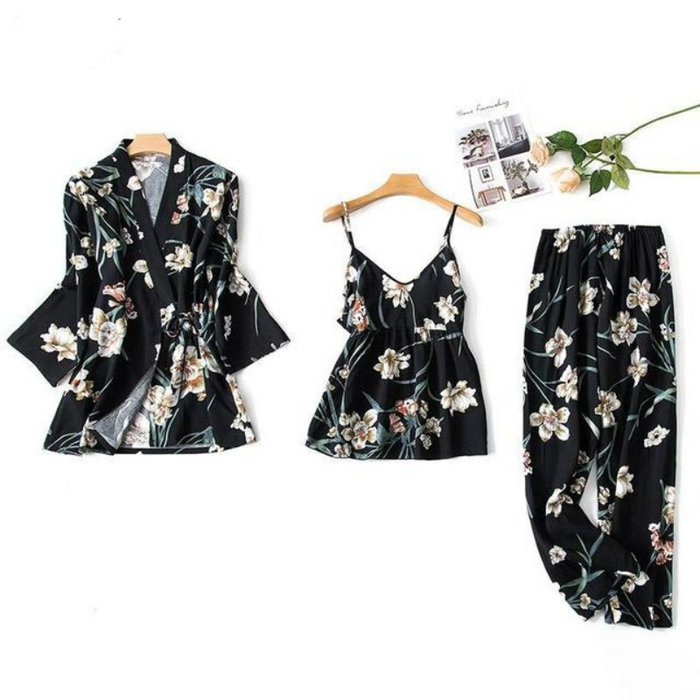 Flower Print Kimono Bathrobe Gown Sleepwear 3 Piece Pajama Set With Robe