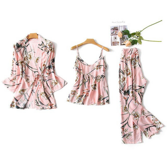 Flower Print Kimono Bathrobe Gown Sleepwear 3 Piece Pajama Set With Robe