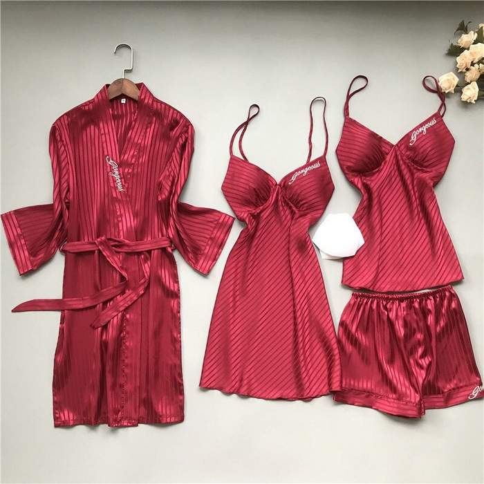 Autumn Women 4 Piece Nightwear Set Solid Color Stripes