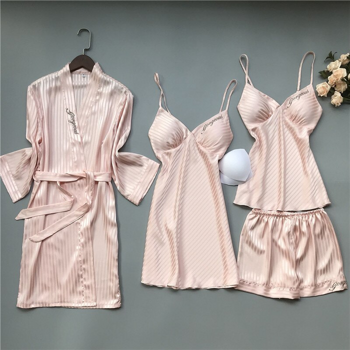 Autumn Women 4 Piece Nightwear Set Solid Color Stripes