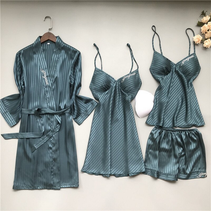 Autumn Women 4 Piece Nightwear Set Solid Color Stripes