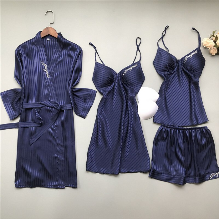 Autumn Women 4 Piece Nightwear Set Solid Color Stripes