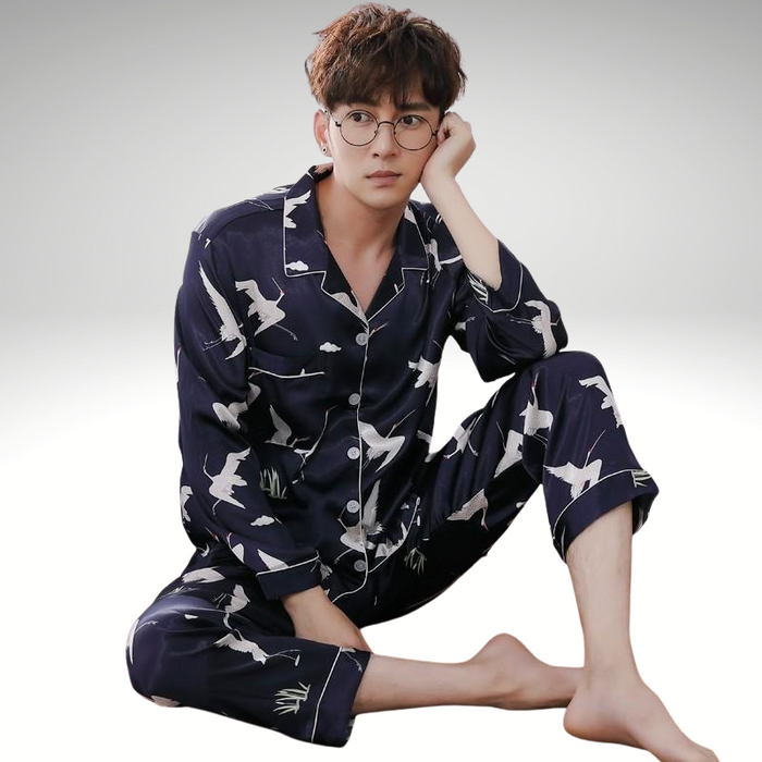 Silk Couple Long Sleeve Crane Nightwear Set