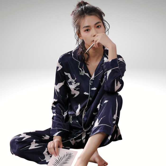 Silk Couple Long Sleeve Crane Nightwear Set