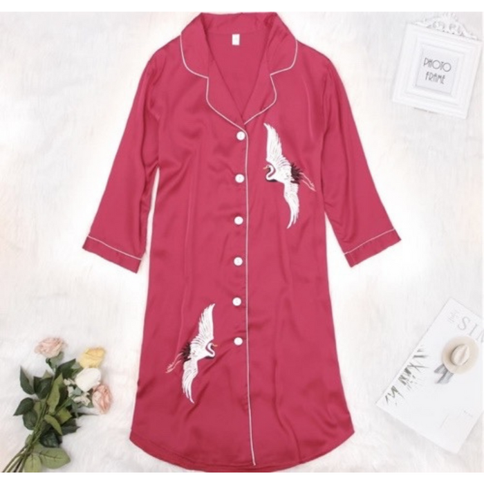 Nightdress Crane Print Women Elegant Longshirt Loungewear